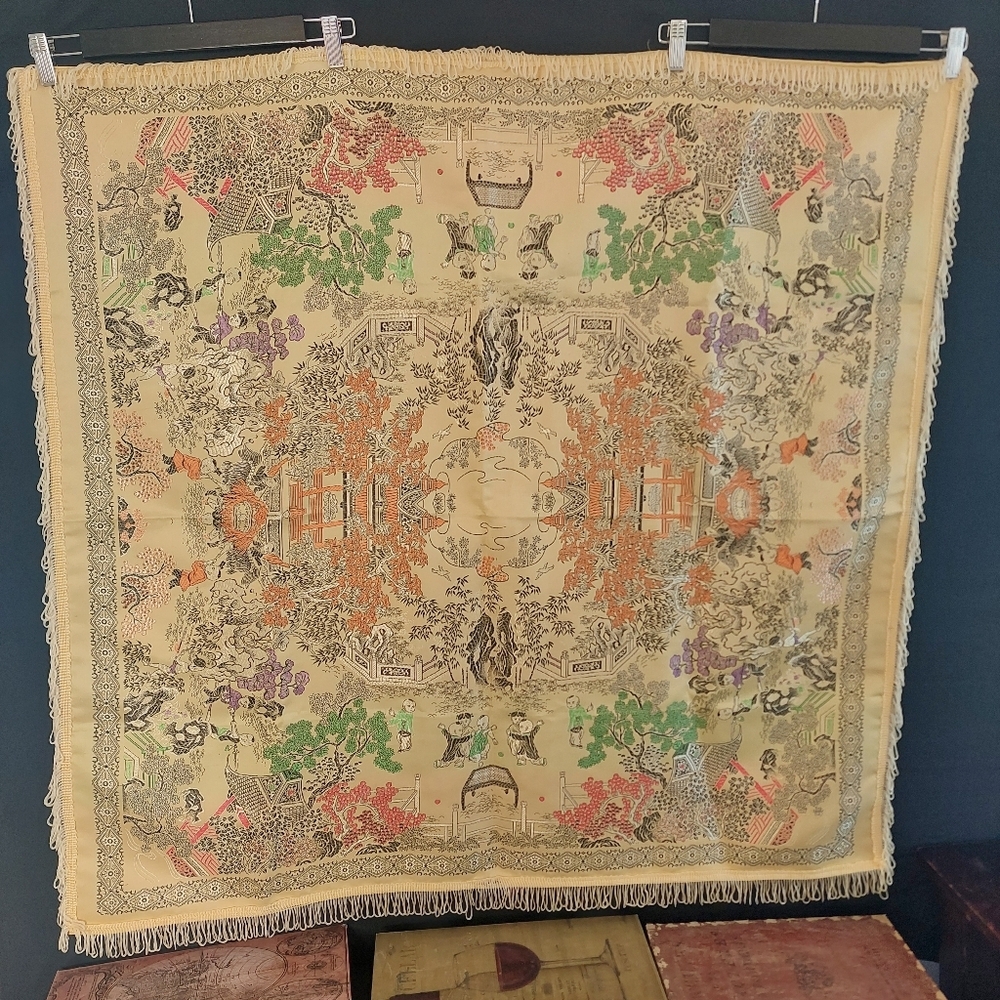 Vintage Chinese Silk Brocade Reversible Tablecloth Asian Decor Table Cover